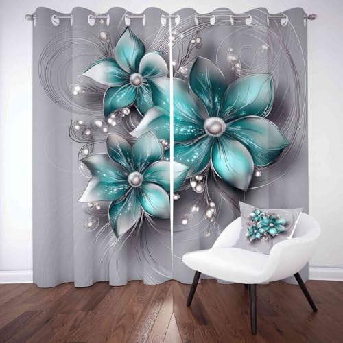 Geprägtes Blumenmuster Vorhänge Schlafzimmer, 2er Set Curtains, H200 x B140 cm, Grau Vorhang Blickdicht Abdunkelnd, Gardinen Wohnzimmer Küche von Kntnshac
