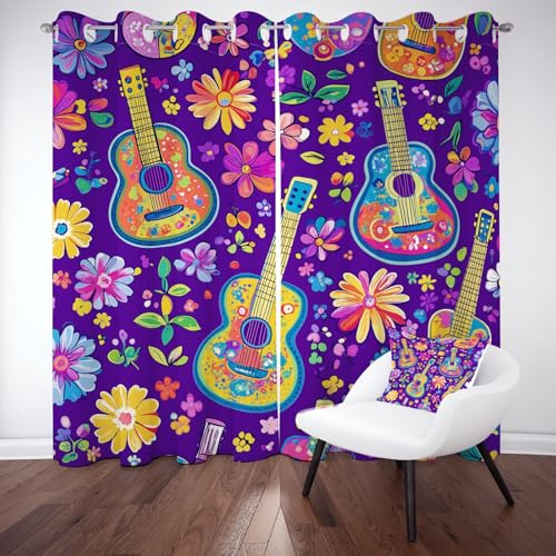 Gitarre Blumenmuster Ösenvorhang Schlafzimmer, Bohemian Blumen Gardinen Blickdicht, Lila Verdunklungsvorhänge Wohnzimmer, Thermo Kälteschutz Schallschutz 2er Set 214x91.5 cm von Kntnshac