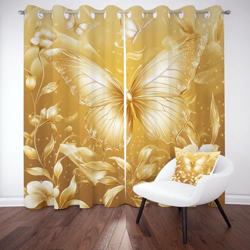 Gold Schmetterling Vorhang mit Ösen Verdunkelung, Wunderschön Dekorieren Verdunkelungsvorhänge Schlafzimmer, Insekten Blumen Gardinen Blickdicht mit Ösen Thermo Schallschutz 2er Set 160x106 cm von Kntnshac