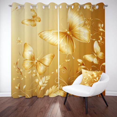Goldener Schmetterling Blickdichte Gardinen, Modern Luxus Thermo Vorhang Kälteschutz, Wunderschön Dekorieren Schallschutz Verdunklungsvorhänge Wohnzimmer mit Ösen 2er Set 215 cm Lang 110 cm Breit von Kntnshac