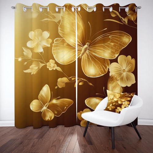 Goldener Schmetterling Thermo Vorhang mit Ösen, Anmut Insekten Blumen Gardinen Blickdicht, Lärmschutzvorhang, Modern Luxus Verdunklungsvorhänge Schlafzimmer, Curtains Living Room 2er Set 137x117 cm von Kntnshac