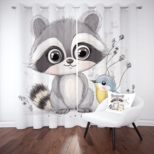 Karikatur Waschbär Vogel Blackout Curtain, Süße Tiere Ösen Gardinen Thermo Kälteschutz, Lustige Cartoon Tier Verdunkelungsvorhänge Kinderzimmer Wohnzimmer Schallschutz Vorhange 2er Set 160x140 cm von Kntnshac