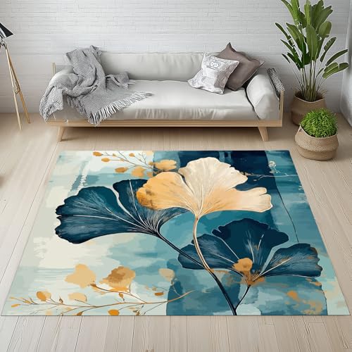 Kntnshac Aquarell Ginkgoblatt Teppich rutschfest Weich 100x150 cm, Botanische Blätter luxuriös Pflanzen Teppiche Waschbare Flur Kurzflor fur Wohnzimmer Kinderzimmer Schlafzimmer Küche Bettvorleger von Kntnshac