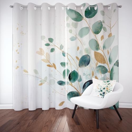 Kntnshac Aquarell Pflanze Vorhänge Schlafzimmer, Moderne Ästhetik Vorhang Wohnzimmer, Grün Thermo Gardinen mit Ösen, 2er Set Curtains, H215 x B110 cm von Kntnshac