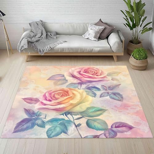 Kntnshac Aquarell Rose Blumen Schmutzfangmatte Eingangsteppich 40x60 cm, Pop Art Blüten Pflanzen Blätter Kleiner Teppich rutschfest Waschbare fur Schlafzimmer Badezimmer Kinderzimmer Wohnzimmer von Kntnshac