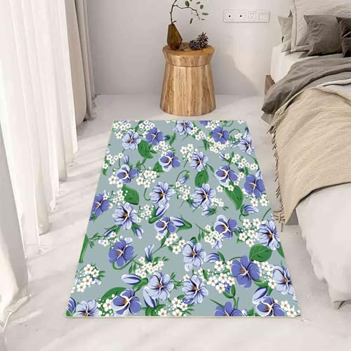 Kntnshac Blau Blumen Teppich Wohnzimmer 200x300, Pastoral Blüten Pflanzen Blätter Teppiche Kurzflor rutschfest Waschbare Weich fur Schlafzimmer Badezimmer Kinderzimmer Küche Balkon Esszimmer von Kntnshac