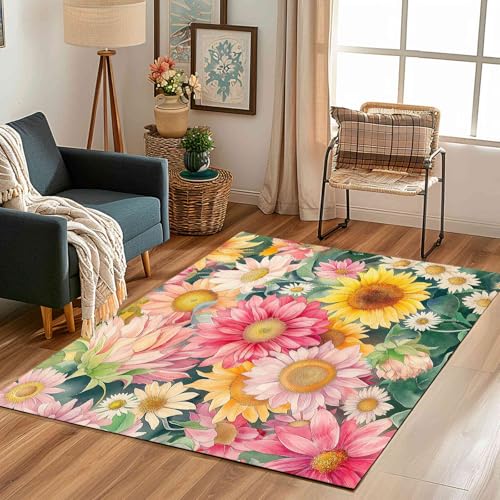Kntnshac Bunt Sonnenblume Schmutzfangmatte rutschfest Waschbare, Rustikal Pastoral Blüten Pflanzen Blätter Eingangsteppich Kleiner Teppich fur Wohnzimmer Schlafzimmer Küche Kinderzimmer 50x80 cm von Kntnshac