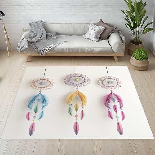 Kntnshac Bunt Traumfänger Teppich Flur rutschfest Waschbare 140x200 cm, Tiere Feder Moderne Ästhetik Teppiche Weich Kurzflor fur Schlafzimmer Badezimmer Wohnzimmer Kinderzimmer Küche Balkon Esszimmer von Kntnshac