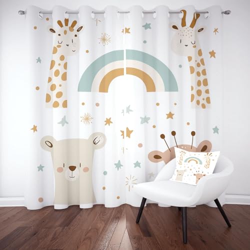 Kntnshac Cartoon Bär Giraffe Raumteiler Vorhang Schallschutz, Süßer Tiere Gardinen mit Ösen, Regenbogen Stern Verdunklungsvorhänge Thermo Schlafzimmer, Curtains Living Room 2er Set 260x140 cm von Kntnshac