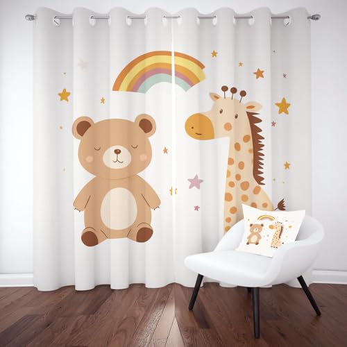 Kntnshac Cartoon Bär Giraffe Verdunklungsvorhänge Blickdicht, Regenbogen Stern Gardinen mit Ösen, Süße Tiermotiv Schallschutz Vorhang Thermo Wohnzimmer 2er Set 229 cm Lang 168 cm Breit von Kntnshac