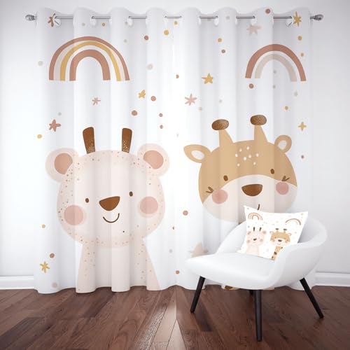 Kntnshac Cartoon Schaf Giraffe Verdunklungsvorhänge Blickdicht, Karikatur Süße Tiere Gardinen mit Ösen, Regenbogen Stern Schallschutz Vorhang Thermo Wohnzimmer 2er Set 229 cm Lang 168 cm Breit von Kntnshac