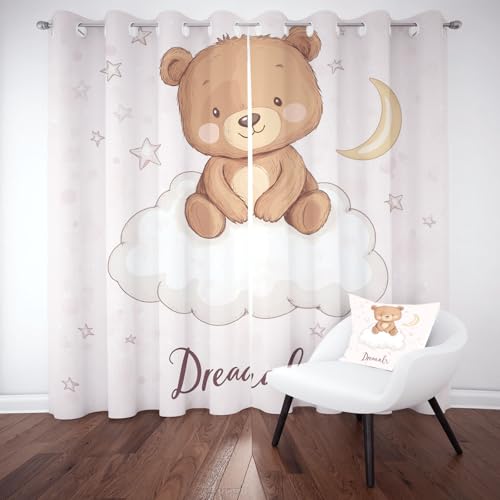 Kntnshac Cartoon Tier Bär Gardinen Blickdicht, Süße Karikatur Tiere Thermo Verdunklungsvorhänge, Mond Sternenhimmel Vorhäng Schlafzimmer mit Ösen 2er Set Schallschutz, Curtains Living Room 166x75 cm von Kntnshac