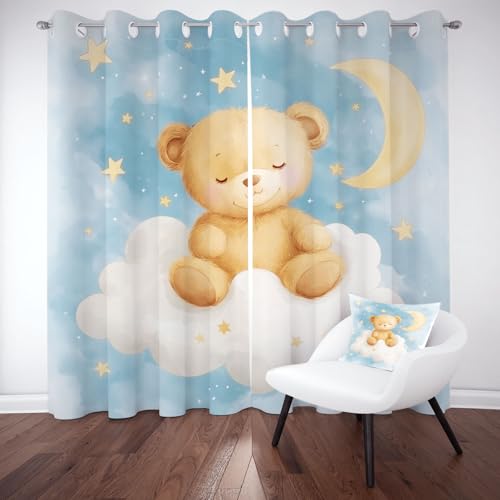 Kntnshac Cartoon Tier Bär Verdunklungsvorhänge Blickdicht, Süße Karikatur Tiere Gardinen mit Ösen, Mond Sternenhimmel Schallschutz Vorhang Thermo Wohnzimmer 2er Set 229 cm Lang 168 cm Breit von Kntnshac