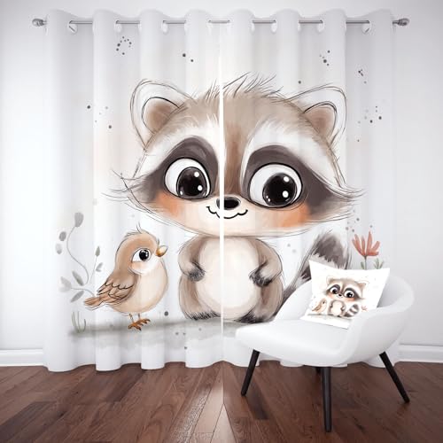 Kntnshac Cartoon Waschbär Vogel Thermo Vorhang mit Ösen, Süße Karikatur Tiere Gardinen Blickdicht, Lärmschutzvorhang, Waldtiere Pflanzen Verdunklungsvorhänge, Curtains Living Room 2er Set 137x117 cm von Kntnshac