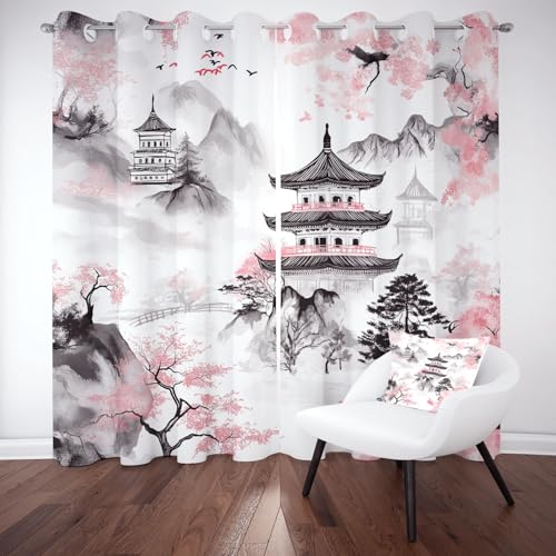 Kntnshac Chinesische Tuschmalerei Verdunklungsvorhänge Blickdicht, Vintage Pavillon Gardinen mit Ösen, Gebirge Blumen Schallschutz Vorhang Thermo Wohnzimmer 2er Set 229 cm Lang 168 cm Breit Kntnshac Chinesische Tuschmalerei Verdunklungsvorhänge Blickdicht, Vintage Pavillon Gardinen mit Ösen, Gebirge Blumen Schallschutz Vorhang Thermo Wohnzimmer 2er Set 229 cm Lang 168 cm Breit von Kntnshac