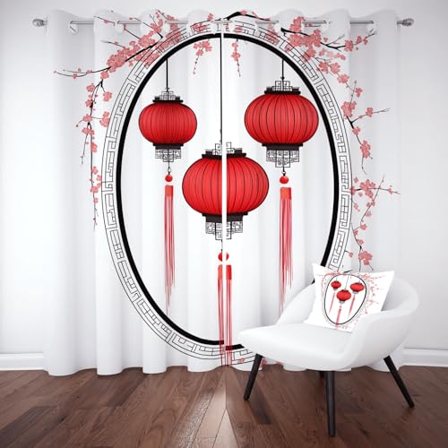 Kntnshac Chinesischer Laterne Verdunklungsvorhänge Blickdicht, Pflaumenblüte Blumen Gardinen mit Ösen, Orientalische Kunst Schallschutz Vorhang Thermo Wohnzimmer 2er Set 229 cm Lang 168 cm Breit von Kntnshac