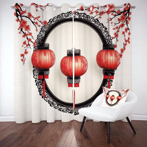 Kntnshac Chinesischer Laterne Verdunklungsvorhänge Blickdicht, Pflaumenblüte Blumen Gardinen mit Ösen, Orientalische Kunst Schallschutz Vorhang Thermo Wohnzimmer 2er Set 229 cm Lang 168 cm Breit von Kntnshac