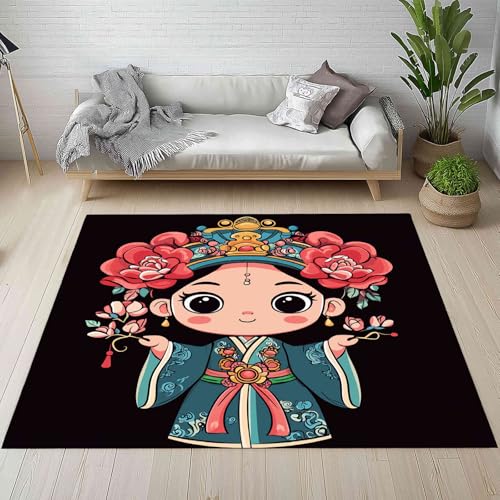 Kntnshac Chinesischer Stil Teppich rutschfest Weich, Traditionelle Oper Süßes Mädchen Teppiche Kurzflor Waschbare fur Schlafzimmer Badezimmer Kinderzimmer Wohnzimmer 80x120 cm von Kntnshac