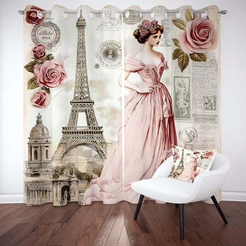 Kntnshac Eiffelturm Vorhänge Schlafzimmer, Blume Rose Vorhang Wohnzimmer, Retro Thermo Gardinen mit Ösen, 2er Set Curtains, H215 x B110 cm von Kntnshac