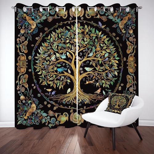 Kntnshac Fantasy Lebensbaum Vorhänge Schlafzimmer, Traditionelle Volkskunst Polyester Thermo Vorhang, Farbe Wohnzimmer Gardinen mit Ösen, 2er Set Curtains, H260 x B140 cm von Kntnshac
