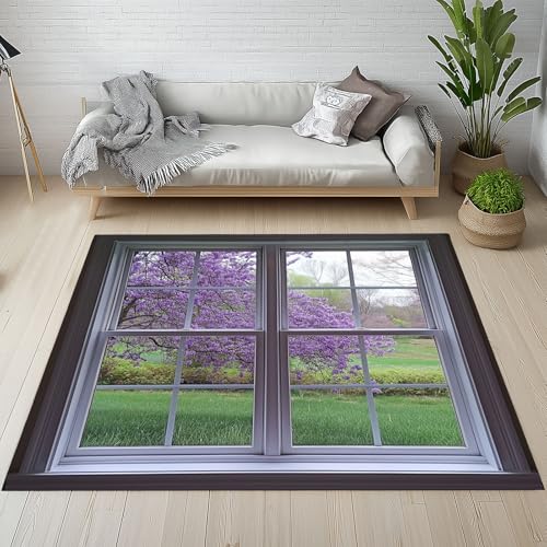 Kntnshac Fenster Landschaft Teppich Wohnzimmer 200x300, Pastoral Blumen Grün Wiese Optische Täuschung Teppiche Kurzflor rutschfest Waschbare Weich fur Schlafzimmer Kinderzimmer Küche Balkon Esszimmer von Kntnshac