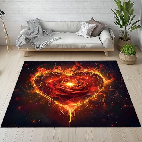 Kntnshac Flamme Liebe Herz Teppich Wohnzimmer 200x300, Rose Blumen Moderne Romanze Teppiche Kurzflor rutschfest Waschbare Weich fur Schlafzimmer Badezimmer Kinderzimmer Küche Balkon Esszimmer von Kntnshac