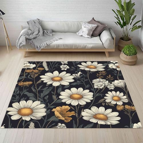 Kntnshac Gänseblümchen Blumen Schmutzfangmatte rutschfest Waschbare, Rustikal Pastoral Blüten Pastoral Blätter Eingangsteppich Kleiner Teppich fur Wohnzimmer Schlafzimmer Küche Kinderzimmer 50x80 cm von Kntnshac