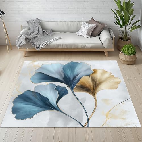 Kntnshac Ginkgo Biloba Teppich rutschfest Weich 100x150 cm, Botanische Ginkgoblatt luxuriös Pflanzen Teppiche Waschbare Flur Kurzflor fur Wohnzimmer Kinderzimmer Schlafzimmer Küche Bettvorleger von Kntnshac