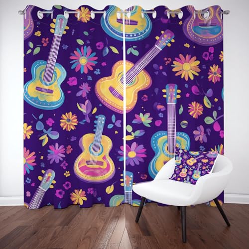 Kntnshac Gitarre Blumenmuster Verdunklungsvorhänge Blickdicht, Mexiko Bunte Blumen Gardinen mit Ösen, Lila Schallschutz Vorhang Thermo Wohnzimmer 2er Set 229 cm Lang 168 cm Breit von Kntnshac