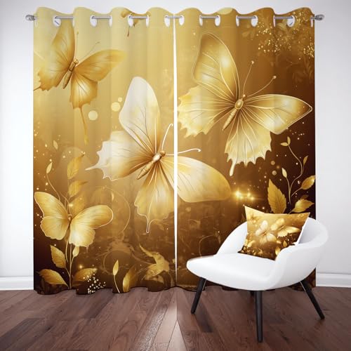Kntnshac Gold Schmetterling Verdunklungsvorhänge Blickdicht, Wunderschön Dekorieren Gardinen mit Ösen, Anmut Insekten Blumen Schallschutz Vorhang Thermo Wohnzimmer 2er Set 229 cm Lang 168 cm Breit von Kntnshac