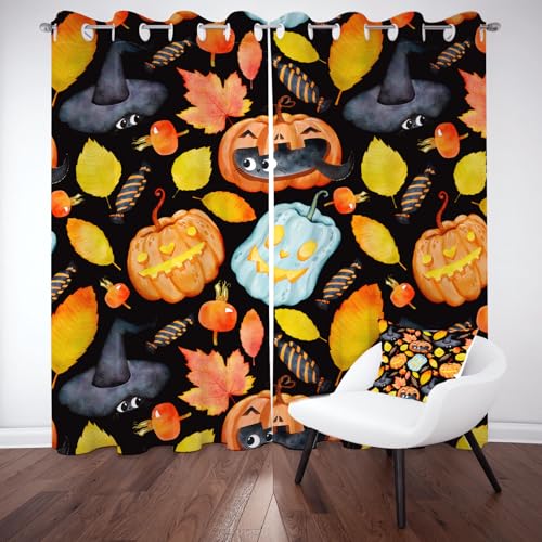 Kntnshac Halloween Verdunklungsvorhänge Blickdicht, Kürbis Laterne Gardinen mit Ösen, Ahornblatt Süßigkeiten Schallschutz Vorhang Thermo Wohnzimmer 2er Set 229 cm Lang 168 cm Breit von Kntnshac