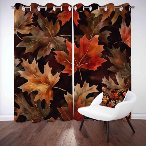 Kntnshac Herbstliches Blatt Motiv Vorhang Schlafzimmer Küche, Rost Vorhänge Blickdicht mit Ösen, Wohnzimmer Gardinen mit Ösen, 2er Set Curtains, H137 x B117 cm von Kntnshac