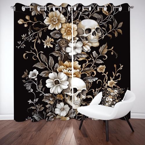 Kntnshac Horrorschädel Vorhänge Schlafzimmer, Retro Blumen Polyester Thermo Vorhang, Schwarz Wohnzimmer Gardinen mit Ösen, 2er Set Curtains, H260 x B140 cm Kntnshac Horrorschädel Vorhänge Schlafzimmer, Retro Blumen Polyester Thermo Vorhang, Schwarz Wohnzimmer Gardinen mit Ösen, 2er Set Curtains, H260 x B140 cm von Kntnshac