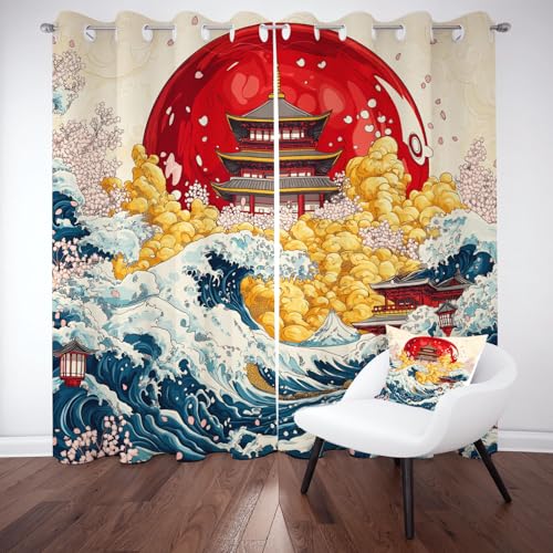 Kntnshac Japanischen Stil Gardinen Blickdicht, Pavillon Wellen Thermo Verdunklungsvorhänge, Vintage Ethnisch Vorhäng Schlafzimmer mit Ösen 2er Set Schallschutz, Curtains Living Room 166x75 cm Kntnshac Japanischen Stil Gardinen Blickdicht, Pavillon Wellen Thermo Verdunklungsvorhänge, Vintage Ethnisch Vorhäng Schlafzimmer mit Ösen 2er Set Schallschutz, Curtains Living Room 166x75 cm von Kntnshac