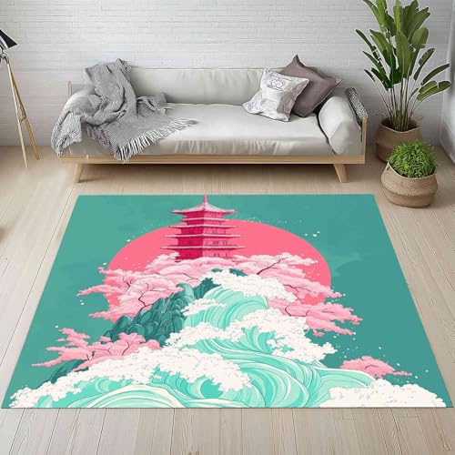Kntnshac Japanischer Stil Schmutzfangmatte Eingangsteppich 40x60 cm, Turm Kirschblüten Welle Berg Sonne Kleiner Teppich rutschfest Waschbare fur Schlafzimmer Badezimmer Kinderzimmer Wohnzimmer von Kntnshac