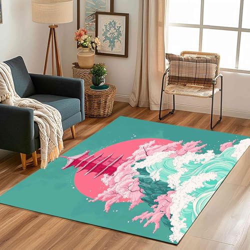 Kntnshac Japanischer Stil Teppich Wohnzimmer 200x300, Turm Kirschblüten Welle Berg Sonne Teppiche Kurzflor rutschfest Waschbare Weich fur Schlafzimmer Badezimmer Kinderzimmer Küche Balkon Esszimmer von Kntnshac