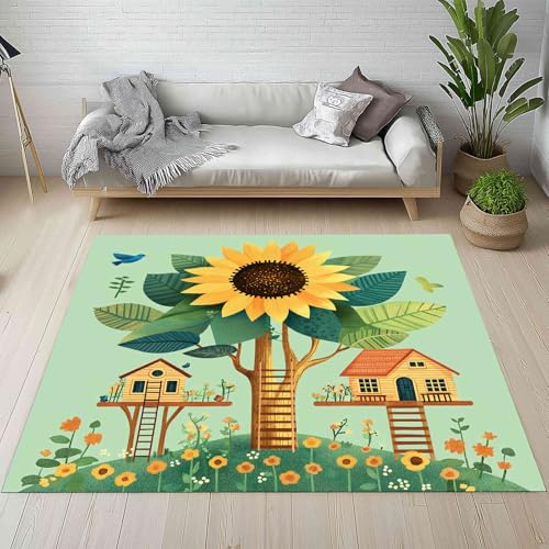 Kntnshac Karikatur Baumhaus Schmutzfangmatte Eingangsteppich 40x60 cm, Sonnenblume Blumen Grün Kleiner Teppich rutschfest Waschbare fur Schlafzimmer Badezimmer Kinderzimmer Wohnzimmer von Kntnshac