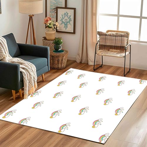 Kntnshac Karikatur Regenbogen Teppich Flur rutschfest Waschbare 80x150 cm, Niedlich Sonne Wolke Cartoon Stern Teppiche Kurzflor fur Schlafzimmer Badezimmer Kinderzimmer Wohnzimmer Küche Balkon von Kntnshac