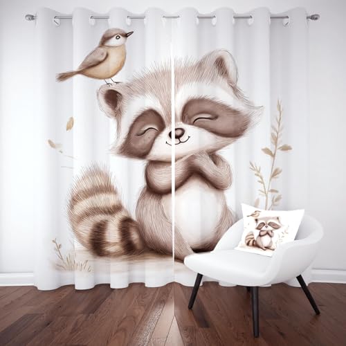 Kntnshac Karikatur Süße Waschbär Vorhang mit Ösen Verdunkelung, Lustige Tiere Verdunkelungsvorhänge Schlafzimmer, Tier Vogel Gardinen Blickdicht mit Ösen Thermo Schallschutz 2er Set 160x106 cm von Kntnshac