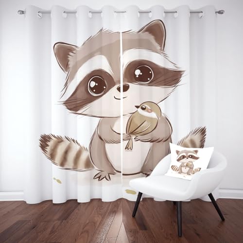 Kntnshac Karikatur Waschbär Vogel Raumteiler Vorhang Schallschutz, Cartoon Tiere Gardinen mit Ösen, Süße Tiermotiv Verdunklungsvorhänge Thermo Schlafzimmer, Curtains Living Room 2er Set 260x140 cm von Kntnshac