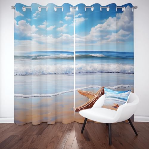 Kntnshac Küsten Strand Landschaft Verdunklungsvorhänge Blickdicht, Ozean Welle Seestern Gardinen mit Ösen, Natur Meerblick Schallschutz Vorhang Thermo Wohnzimmer 2er Set 229 cm Lang 168 cm Breit von Kntnshac