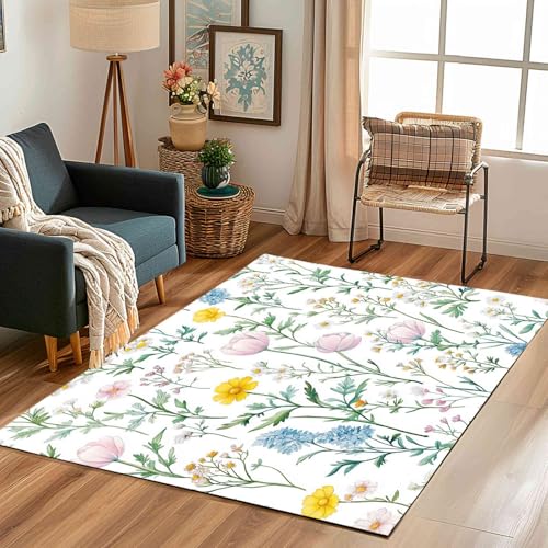 Kntnshac Lilie Gänseblümchen Teppich rutschfest Weich, Pastoral Blumenwiese Wildblumen Pflanzen Blätter Teppiche Kurzflor Waschbare fur Schlafzimmer Badezimmer Kinderzimmer Wohnzimmer 240x340 cm von Kntnshac