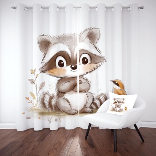 Kntnshac Lustige Waschbär Vogel Gardinen Blickdicht, Karikatur Tiere Thermo Verdunklungsvorhänge, Süße Waldtiere Vorhäng Schlafzimmer mit Ösen 2er Set Schallschutz, Curtains Living Room 166x75 cm von Kntnshac