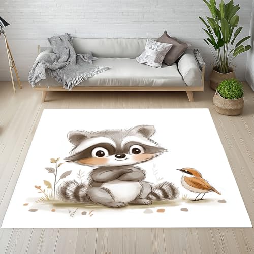 Kntnshac Lustige Waschbär Vogel Schmutzfangmatte Eingangsteppich 40x60 cm, Karikatur Tiere Süße Waldtiere Kleiner Teppich rutschfest Waschbare fur Schlafzimmer Badezimmer Kinderzimmer Wohnzimmer von Kntnshac