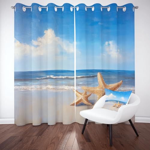 Kntnshac Natur Meerblick Vorhang mit Ösen Verdunkelung, Strand Landschaft Verdunkelungsvorhänge Schlafzimmer, Ozean Welle Seestern Gardinen Blickdicht mit Ösen Thermo Schallschutz 2er Set 160x106 cm von Kntnshac