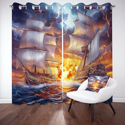 Kntnshac Nautisches Piratenschiff Vorhänge Schlafzimmer, Anime Segelboot Polyester Thermo Vorhang, Blau Wohnzimmer Gardinen mit Ösen, 2er Set Curtains, H260 x B140 cm Kntnshac Nautisches Piratenschiff Vorhänge Schlafzimmer, Anime Segelboot Polyester Thermo Vorhang, Blau Wohnzimmer Gardinen mit Ösen, 2er Set Curtains, H260 x B140 cm von Kntnshac