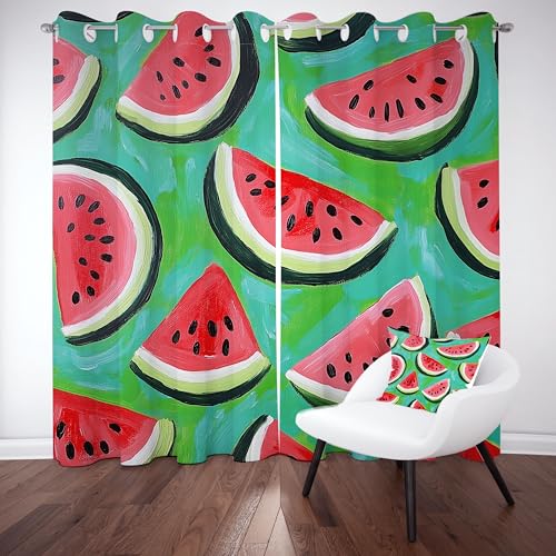 Kntnshac Ölgemälde-Stil Wassermelone Vorhänge mit Ösen, 2er Set Curtains, H175 x B140 cm, Sommer Obst Verdunklungsvorhänge, Grün Vorhang Wohnzimmer von Kntnshac