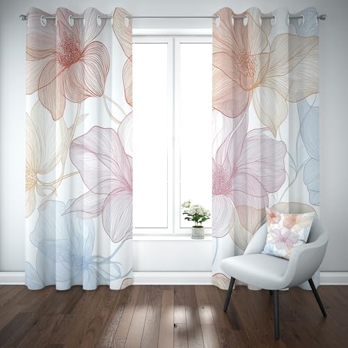 Kntnshac Orchidee Blumenmuster Vorhang Blickdicht, Handgezeichnet Blumen Vorhänge Wohnzimmer, Weiß Thermo Gardinen mit Ösen, 2er Set Curtains, H166 x B75 cm von Kntnshac