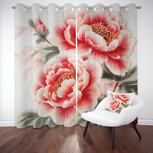 Kntnshac Pfingstrose Blumen Verdunklungsvorhänge Blickdicht, Vintage Floral Botanische Gardinen mit Ösen, Pflanzen Blätter Schallschutz Vorhang Thermo Wohnzimmer 2er Set 229 cm Lang 168 cm Breit von Kntnshac