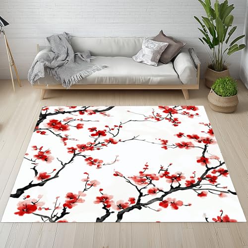 Kntnshac Pflaumenblüte Blumen Teppich rutschfest Weich, Chinesischer Tuschemalerei Filialen Floral Teppiche Kurzflor Waschbare fur Schlafzimmer Badezimmer Kinderzimmer Wohnzimmer 240x340 cm von Kntnshac